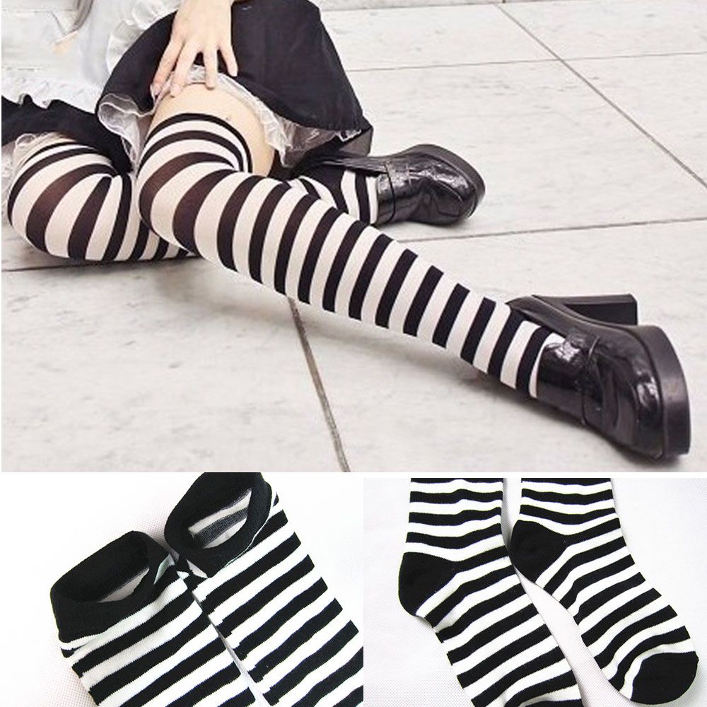 1 Đôi Vớ Cao Qua Gối Kẻ Sọc Trắng Đen Gợi Cảm Cho Nữ