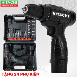Máy khoan pin cầm tay Hitachi 12V , Khoan sắt, Khoan gỗ, Bắt vít - Tặng 24 phụ kiện