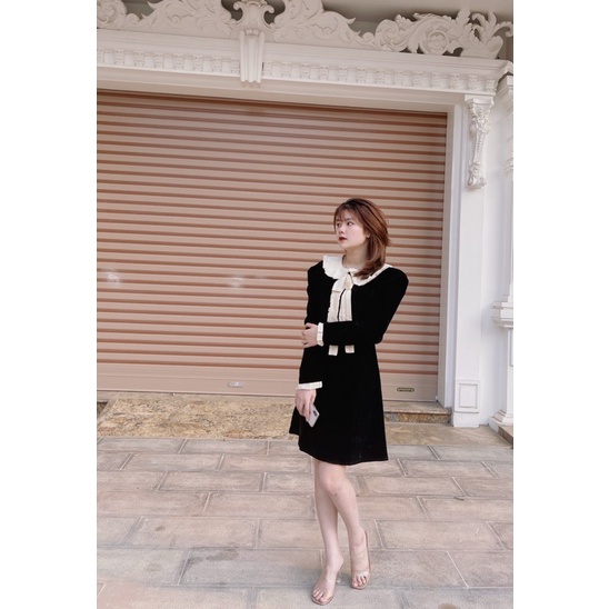 Váy nhung pha bèo cổ nơ đính ngọc