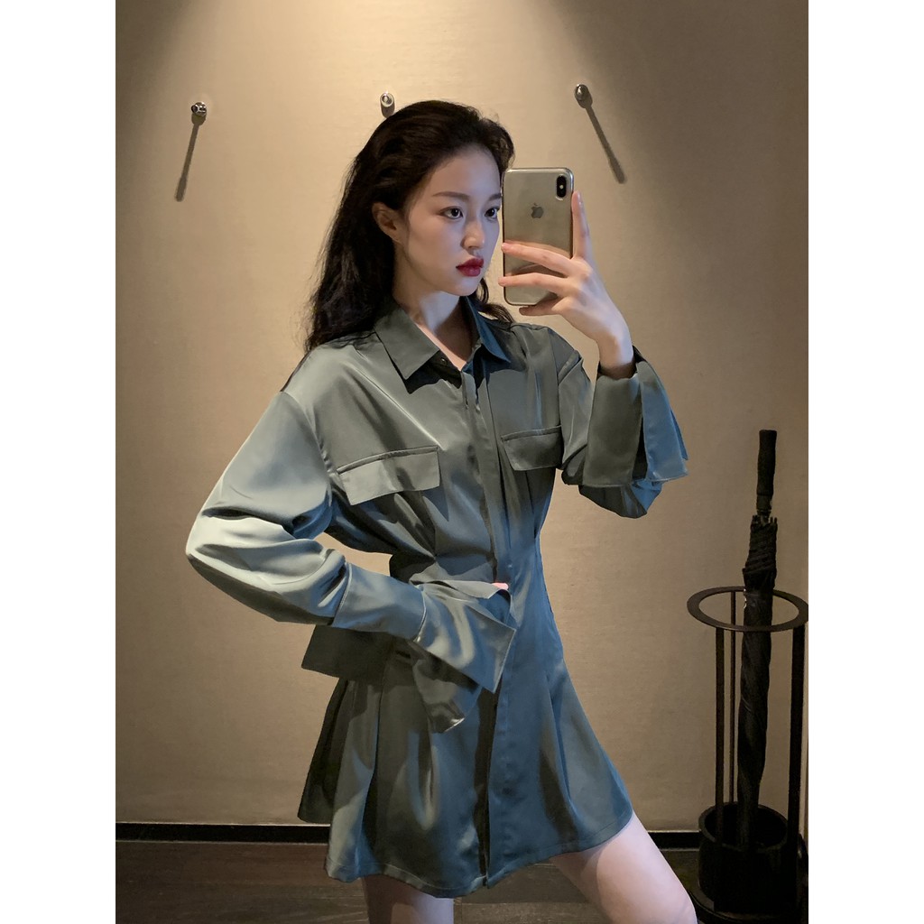 Đầm Sơ Mi,Váy Sơ Mi Thắt Eo Phong Cách Pháp Cho Nữ