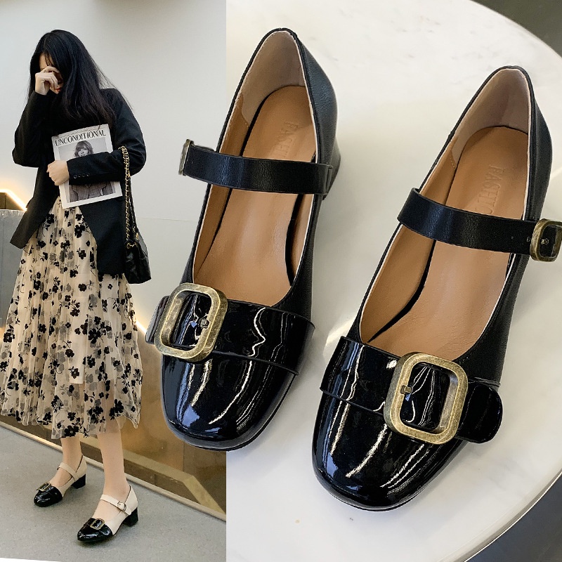 IELGY Giày Mary Jane  bằng da đế thấp cho nữ