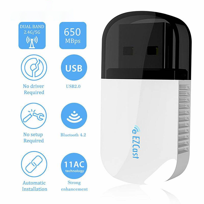 Bộ chuyển đổi WIFI USB không dây Ezcast 5G / 2.5G Bluetooth 4.2 Băng tần kép AC 600Mbps