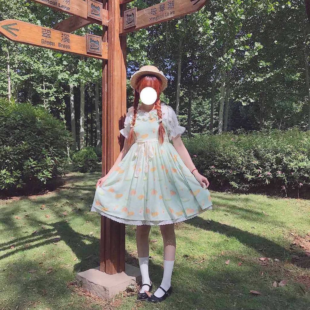 Đầm Lolita Hai Dây Vải Cotton Họa Tiết Xoài Dễ Thương Cho Nữ váy babydoll