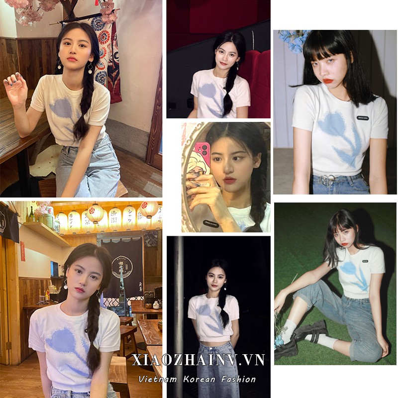 Áo croptop XIAOZHAINV dệt kim tay ngắn hoạ tiết hoa nữ tính thời trang