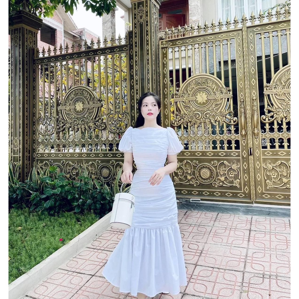 Đầm Xếp Ly Thân Tay Bồng Cổ Ngang MORI, maxi sang chảnh đi tiệc dạo phố TN1370 | BigBuy360 - bigbuy360.vn