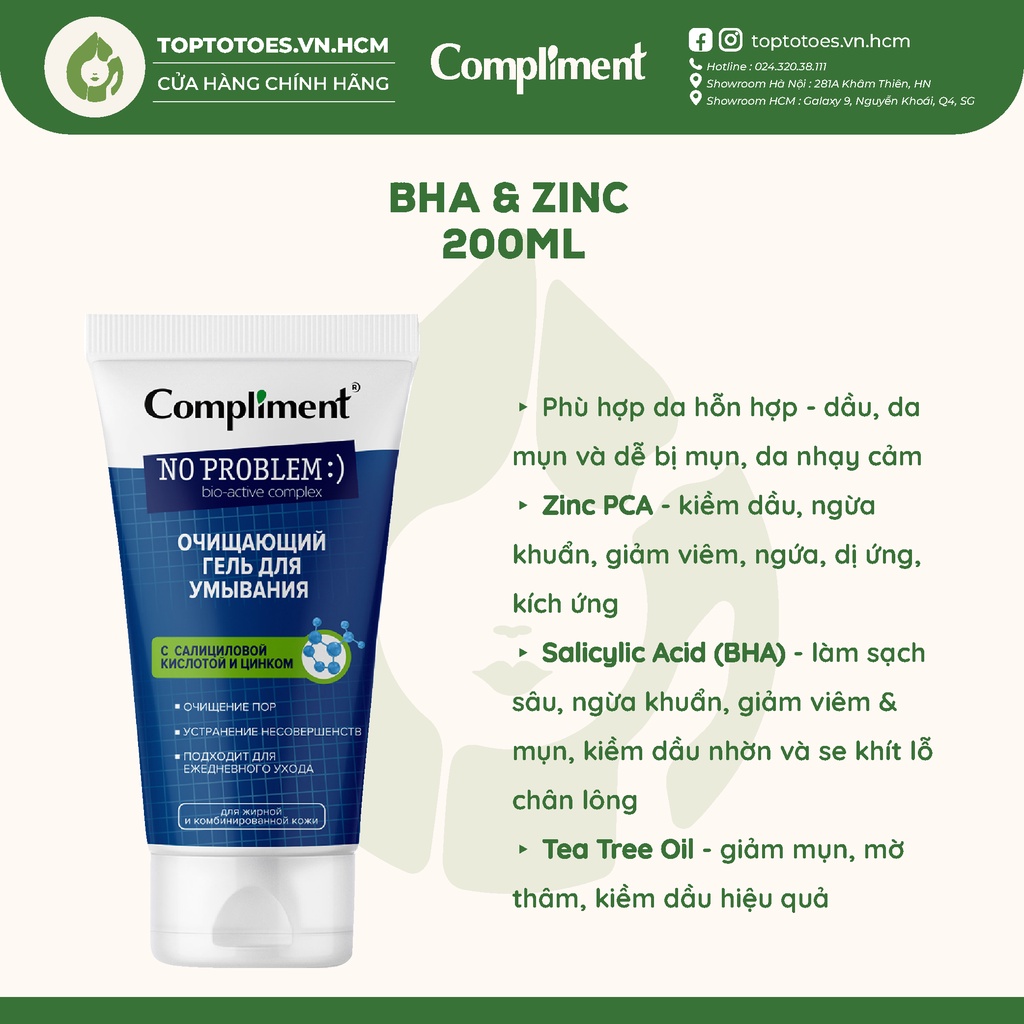 Gel rửa mặt BHA Compliment No Problem làm sạch sâu, giảm viêm & mụn 200ml