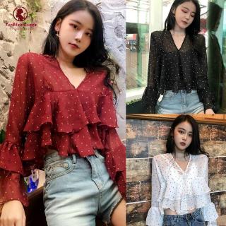 Áo voan cổ tim dài tay họa tiết chấm bi phong cách Hàn Quốc dành cho nữ