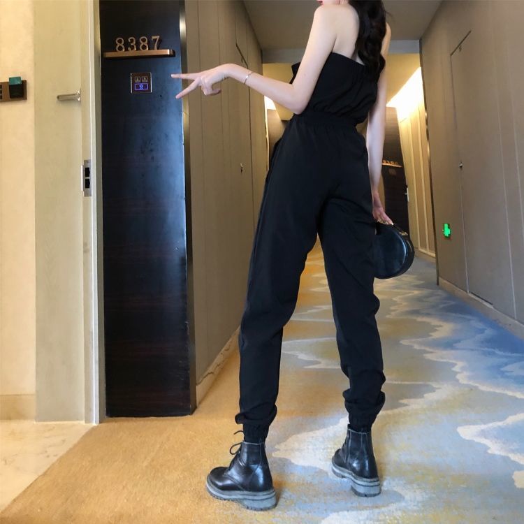 Jumpsuit áo ống quần suông thẳng màu đen phong cách mới cho nữ