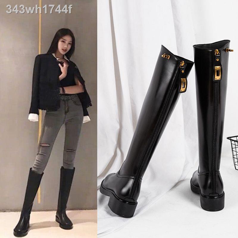 GubeiGiày bốt dài nữ 2021 mới trên đầu gối đế bằng nhỏ cộng với nhung cao ủng lưới màu đỏ bắp chân dày ống dày hiệp sĩ