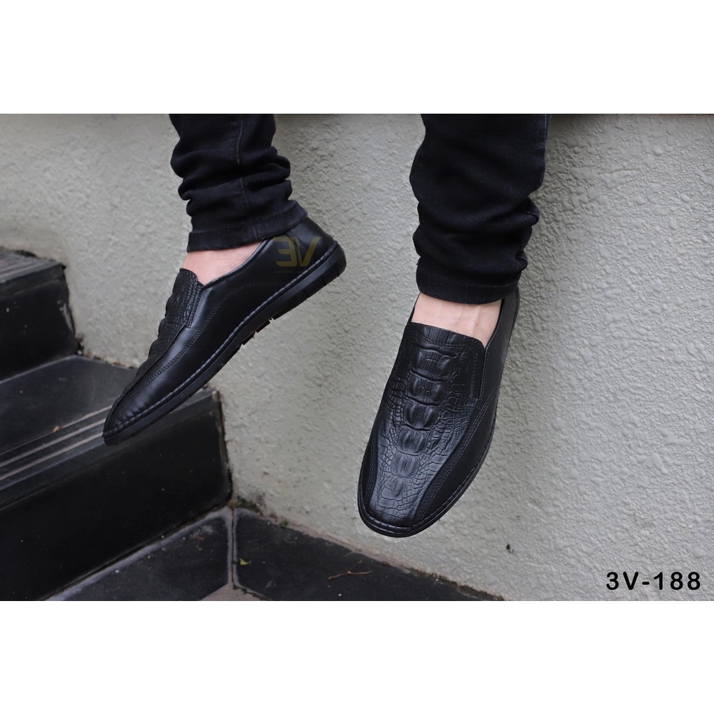 Giày lười nam da bò, giày thiết kế da vân cá sấu thời thượng
