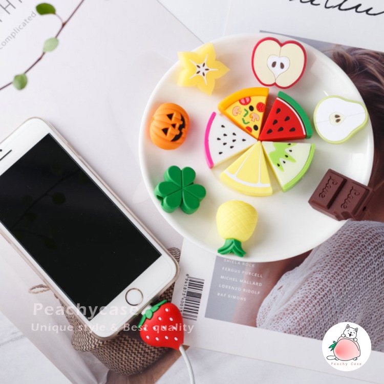 Ốp Bảo Vệ Dây Cáp Sạc USB Bằng Silicon Hình Bánh Pizza / Dâu Tây Dễ Thương