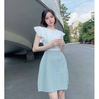 Đầm nữ xinh trắng công sở thiết kế chữ a thanh lịch tùng caro xanh tay xòe thời trang trẻ trung đi làm đi chơi – Lux W