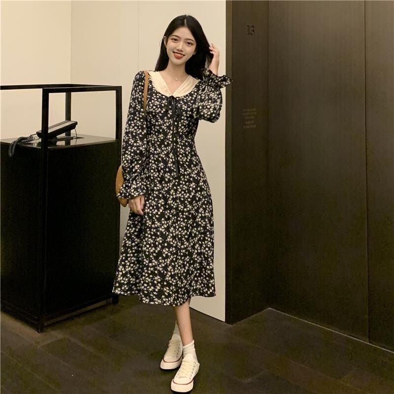 Đầm chữ a tay dài IELGY in họa tiết hoa phong cách vintage thời trang dành cho nữ