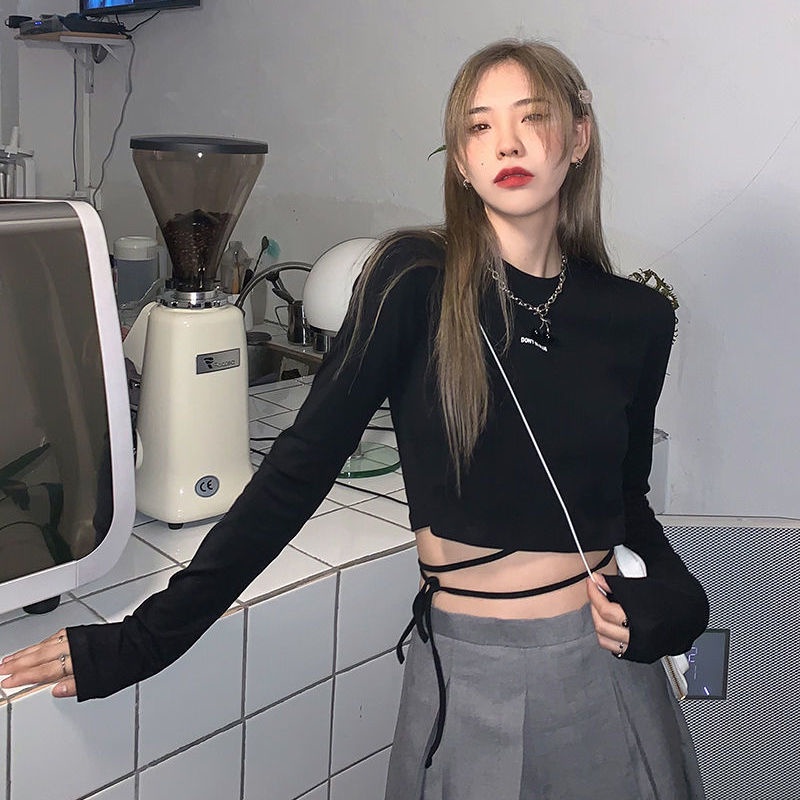 Áo thun COZOK dáng ngắn tay dài phối dây buộc thời trang dễ phối đồ