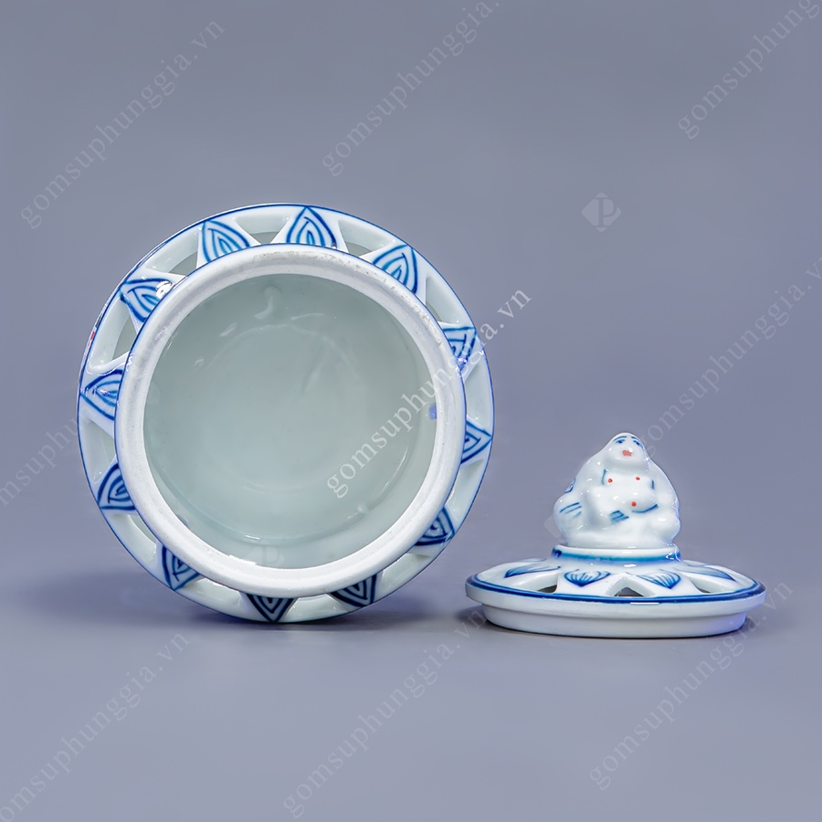 Lư Đốt Trầm Hương men Lam Trắng Trơn tài lộc, đồ thờ cúng Phùng Gia - Gốm sứ Bát Tràng cao cấp