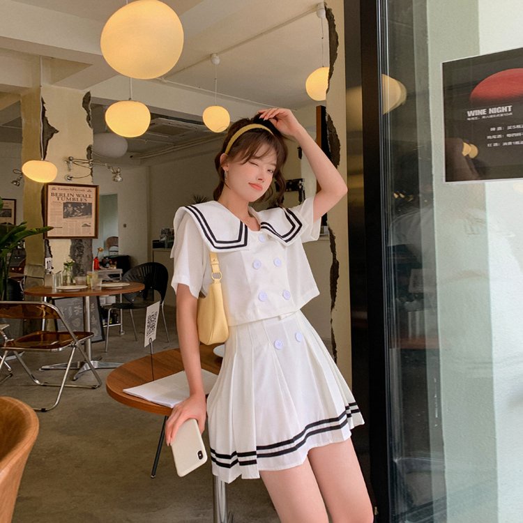 Set Bộ Áo Croptop Chân Váy Xếp Ly Thủy Thủ 2 Màu - SET ÁO THUỶ THỦ Cúc Cài MIX CHÂN VÁY PHA VIỀN Khóa Kéo