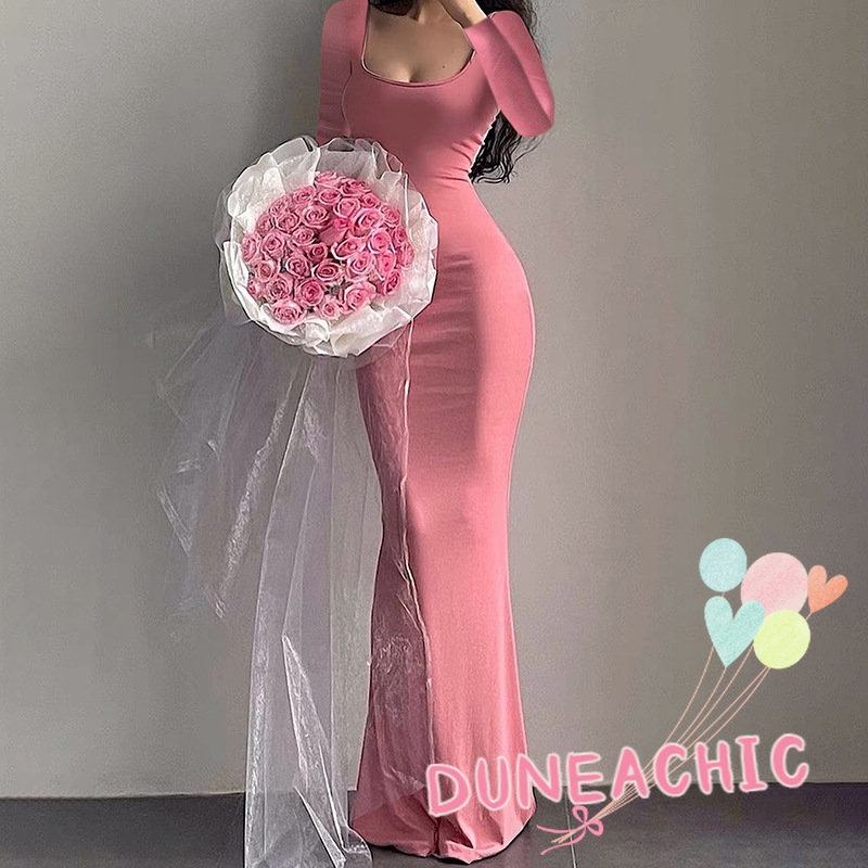 DUNEA Đầm maxi tay dài cổ vuông ôm dáng quyến rũ thời trang cho nữ