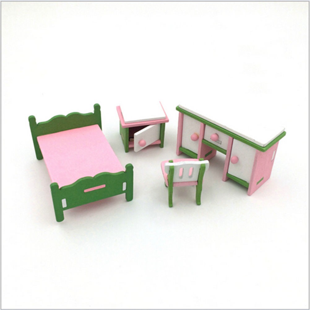 Doll House Miniature Bedroom Wooden Furniture Set Kids Role Pretend Play Toy