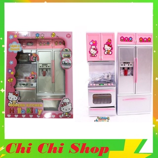 Đồ chơi tủ bếp nấu ăn màu hồng có 2 ngăn, tiếng nhạc nấu ăn cho bé chơi đồ hàng