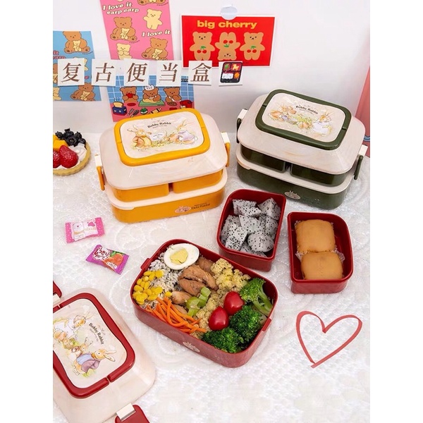 Hộp cơm giữ nhiệt lúa mạch 2 tầng-hộp cơ văn phòng tiện lợi có thể hâm nóng bằng lò vi sóng