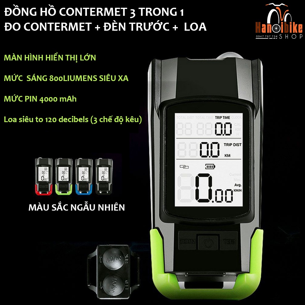 Đèn còi contermet không dây 1718 gắn xe đạp tích hợp cả đèn, còi và contermet trong 1