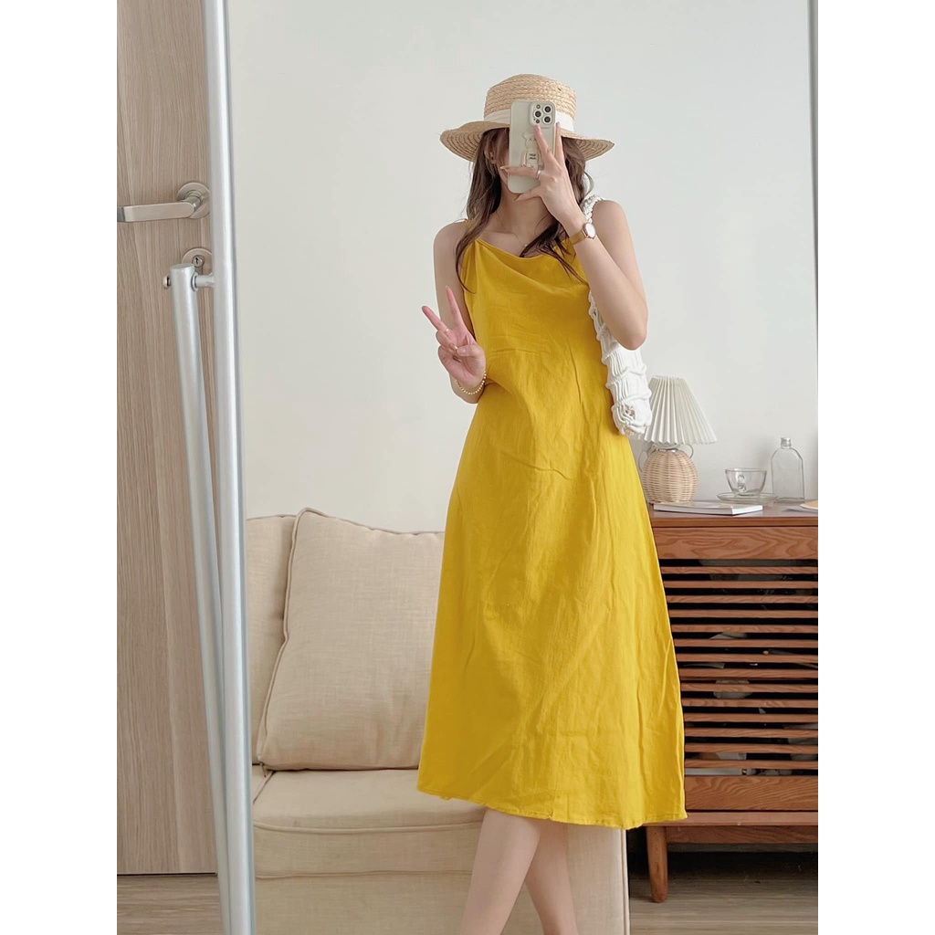[Sẵn/Ảnh thật] Váy 2 dây dáng suông đi biển rút dây - Đầm 2 dây maxi dáng dài thắt nơ sau