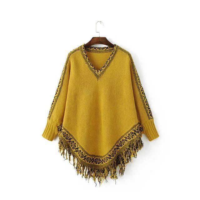 Women's shawl jacket 2019 autumn and winter new tassel cloak v-neck sweater sweater plus size bat sleeve top