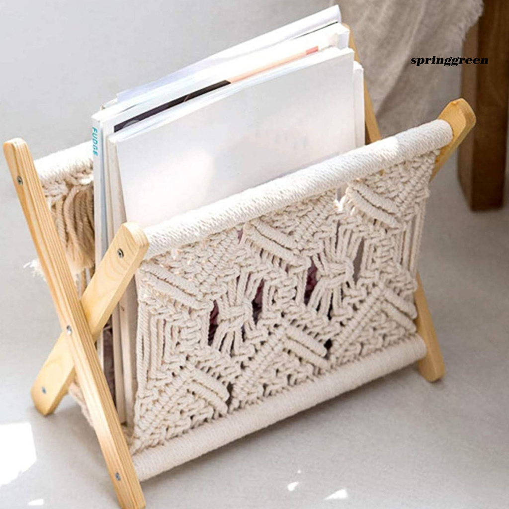 SPRIN Storage Rack Nice-looking Elegant Decorative Foldable Wooden Cotton Rope Book Shelf Rack for Household