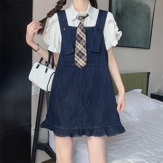 【HangFei】Đầm Yếm Denim Phối Bèo Plus Size Thời Trang