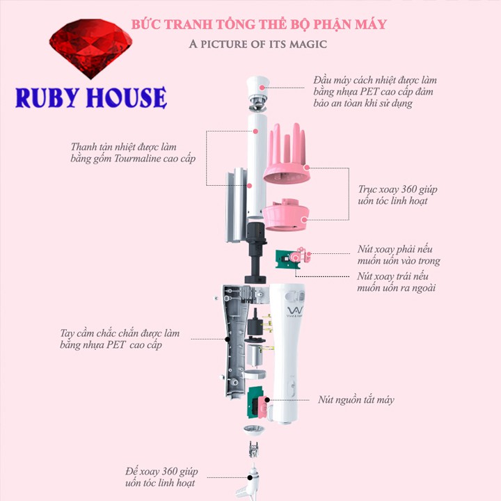 Máy uốn xoăn tự động 360 độ VIVID &amp; VOGUE CHÍNH HÃNG, máy uốc tóc tự động tạo kiểu tóc trong vòng 10 phút- Ruby House