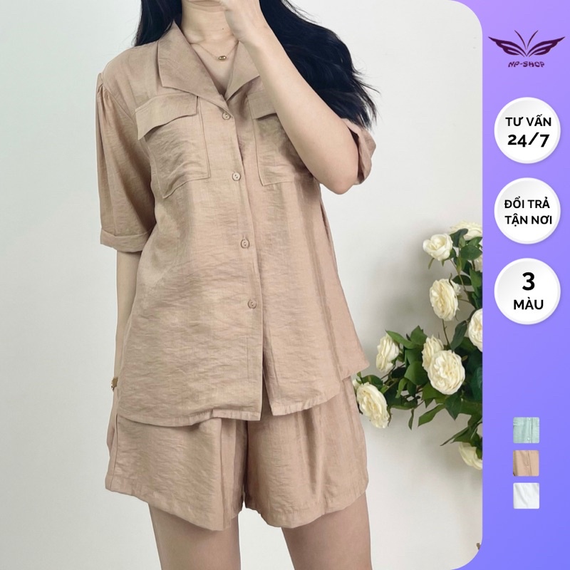 Set đồ nữ áo sơmi kết hợp quần short có chun, set áo và quần đùi nữ NPSHOP