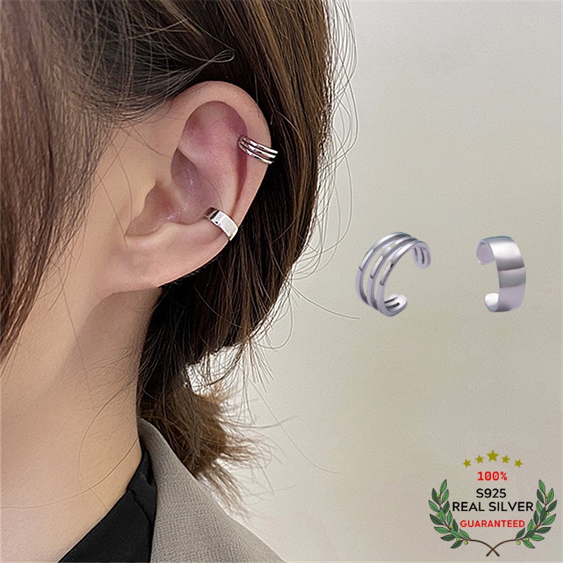 Bông Tai Bạc S925 Bộ 2 Chiếc Ear Cuff Kẹp Vành Khoen C Bất Đối Xứng Trẻ Trung Cá Tính | Khuyên Tai Nữ Trang Sức Bạc