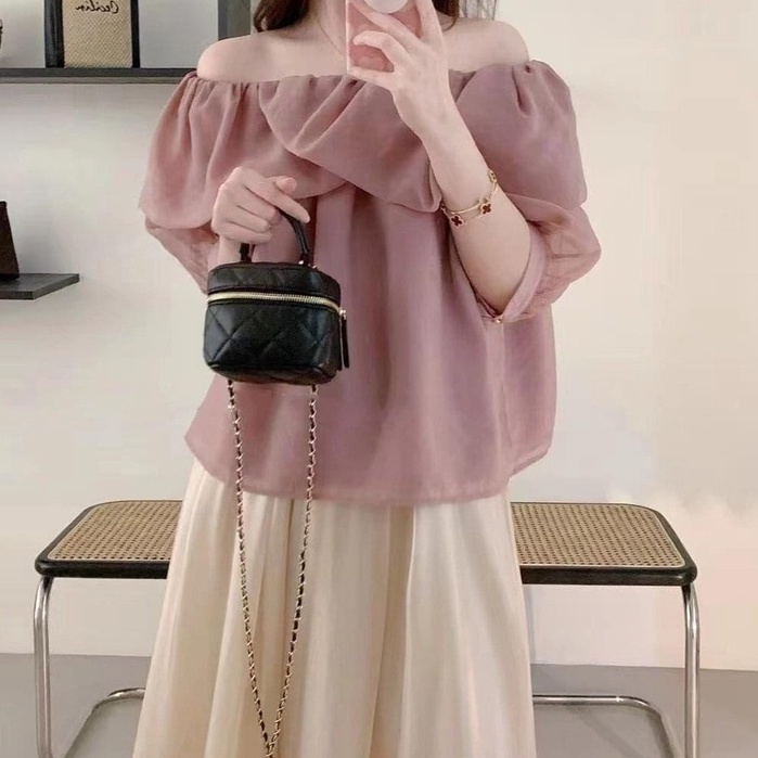Set Đồ Nữ Đi Chơi Dễ Thương PRETTY CLOSET Set Áo Chân Váy Chữ A Dài Qua Gối Siêu Xinh Kèm Áo Sơ Mi Trễ Vai Style Hàn V30