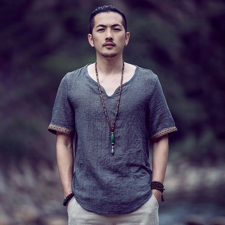 Áo Thun Tay Ngắn Vải Lanh Cotton Siêu Mỏng Dáng Rộng Cài Nút Kiểu Trung Hoa Retro