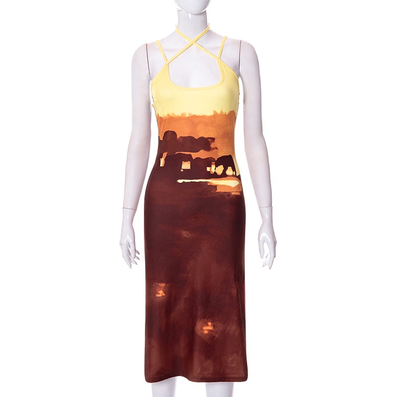 Đầm Dây Hở Lưng Xẻ Tà In Hình Phong Cảnh Thời Trang Đường Phố Cá Tính Dành Cho Nữ