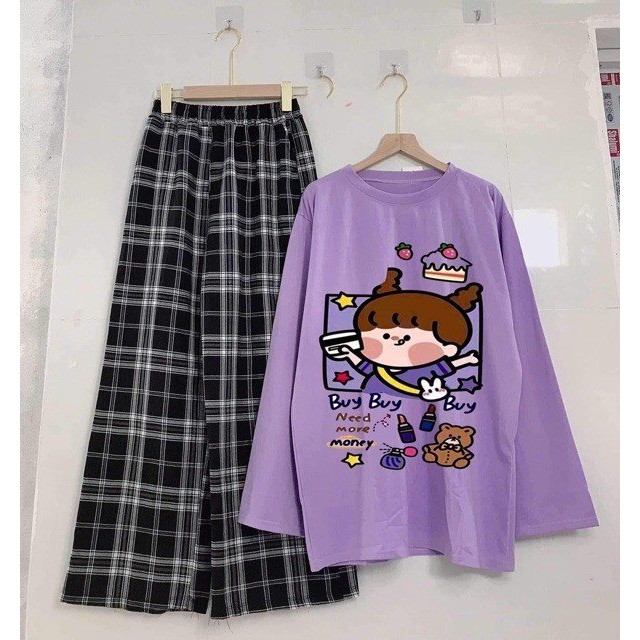 Set áo thun form thụng cute kèm quần kẻ ống rộng