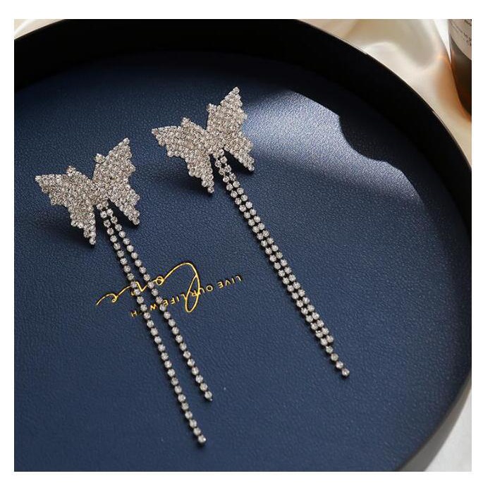 Bông Tai Dáng Dài Phối Tua Rua Hình Bướm Đính Đá Phong Cách Hàn Quốc Sang Trọng Thời Trang