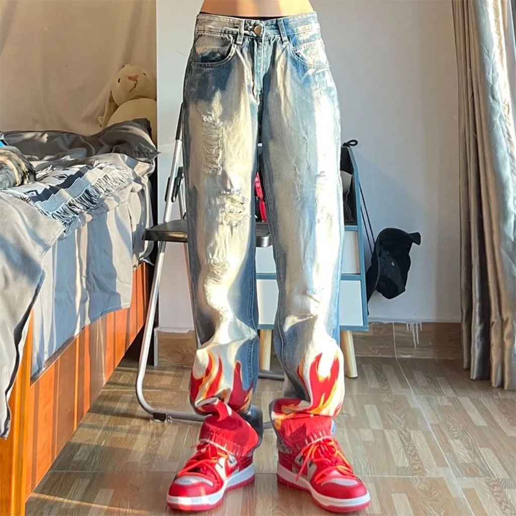 Quần jean dài ống rộng thiết kế rách thời trang hip hop đường phố 2021