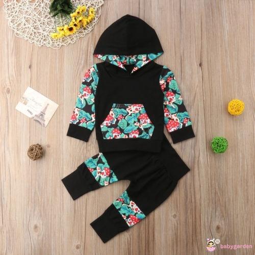 Set áo thun có nón + quần dài họa tiết hoa xinh xắn cho bé