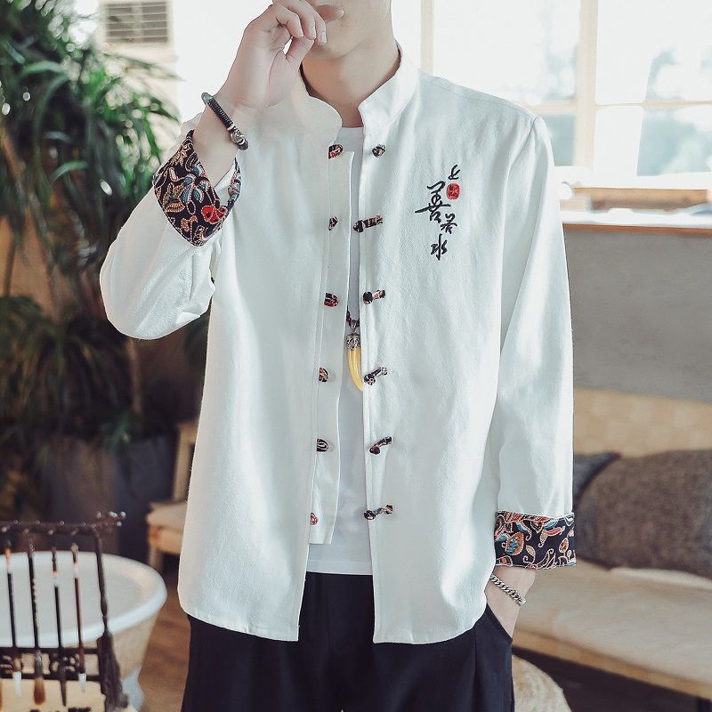 Áo Sơ Mi Cotton Lanh Tay Dài Cổ Đứng Thêu Họa Tiết Phong Cách Trung Hoa Retro Cho Nam