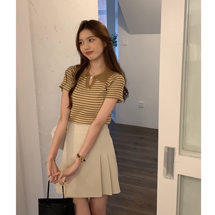 Áo thun polo QADCOL ngắn tay họa tiết kẻ sọc màu tương phản phong cách Hàn Quốc cho nữ