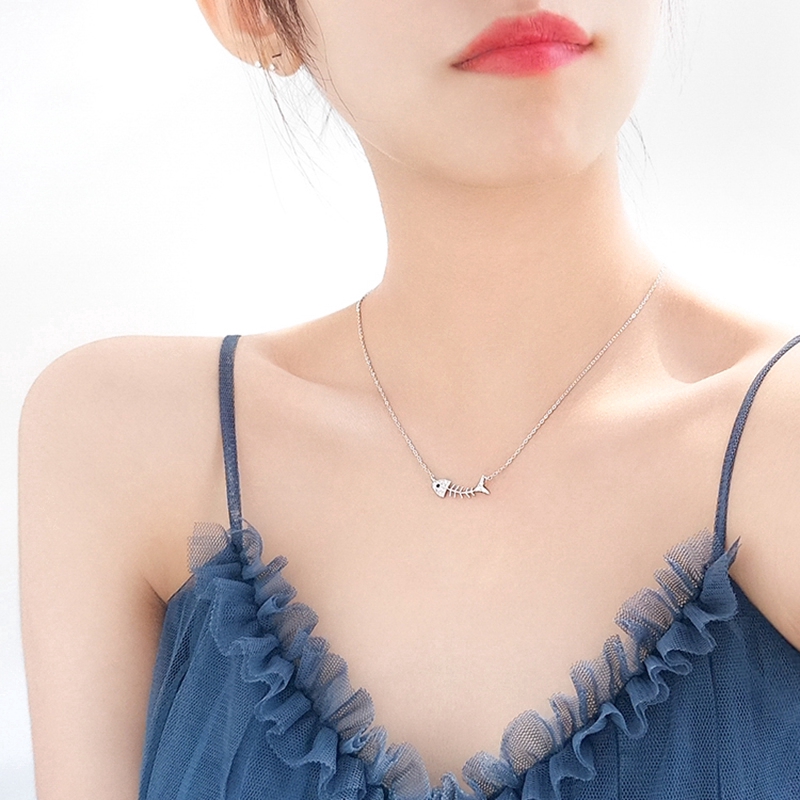 Dây chuyền bạc đính đá zircon hình xương cá phong cách Hàn Quốc sành điệu cho nữ