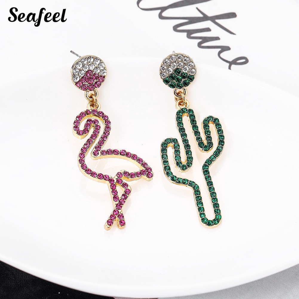 SF Hollow Rhinestone Cactus Flamingo Dangle Asymmetric Stud Earrings Jewelry