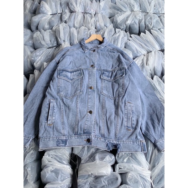 Áo JEAN nam, nữ trơn xanh rách viền hàng ảnh cận chất - sẵn