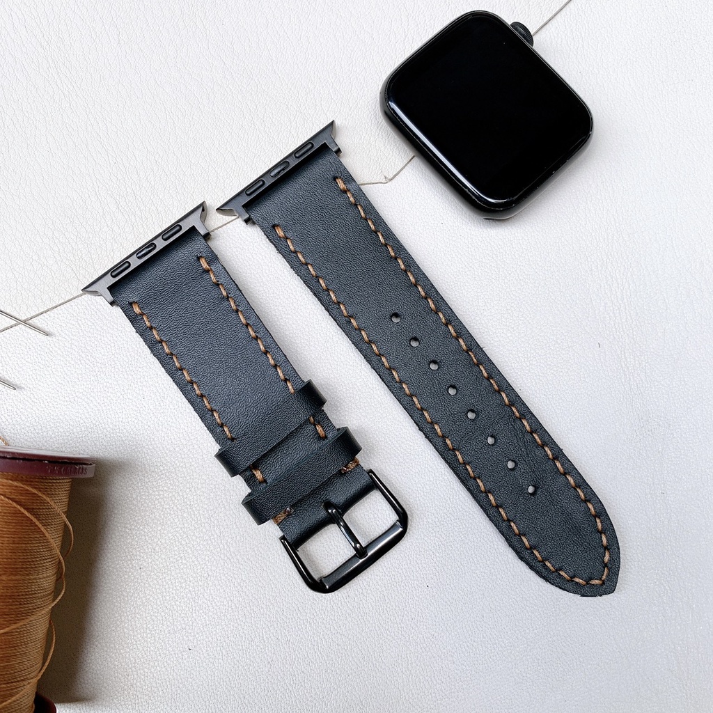 Dây đeo Apple Watch da bò 2 lớp màu đen, khâu tay, đủ các seri 1,2,3,4,5,6... 38mm,40mm,42mm,44mm