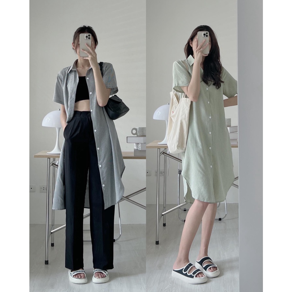 V1904 Váy somi kẻ nhỏ dáng suông Audrey