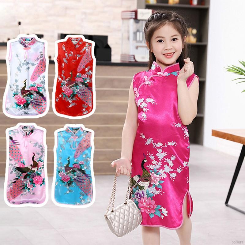 Đầm Sườn Xám Sát Nách In Hình Con Công Cho Bé Gái 3-10 Tuổi