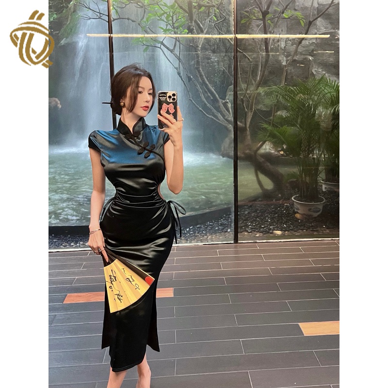 Sexy hollow-out waist drawstring improved cheongsam dress feminine French temperament slimming dress