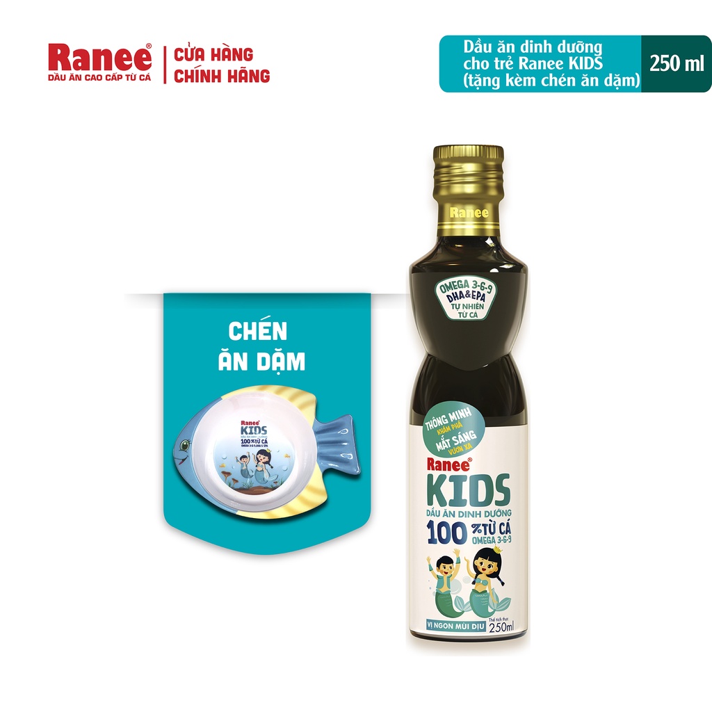 Dầu ăn Cá Hồi dinh dưỡng cho bé Ranee Kids 250ml + tặng kèm chén ăn dặm cao cấp hình cá