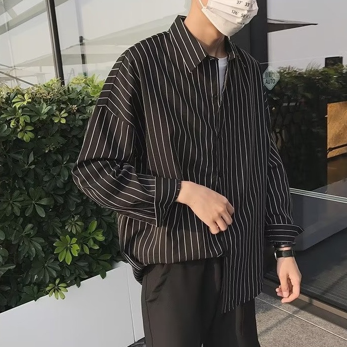Áo Sơ Mi cotton Tay Dài Dáng Rộng Kẻ Sọc Đen Trắng Trẻ Trung Năng Động Cho Nam Giới